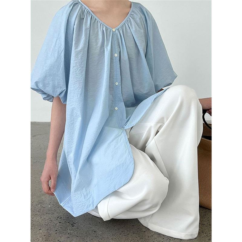 Французская рубашка с V-образным вырезом и свободными рукавами-буфами для женщин, летний двусторонний кардиган, повседневный топ, блузка свободного кроя, удобная женская рубашка, стильный топ