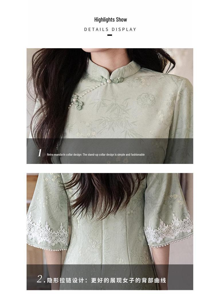 Чонсам Bei Zhi Yun из зеленой замши с широкими рукавами - Осенняя коллекция 2025