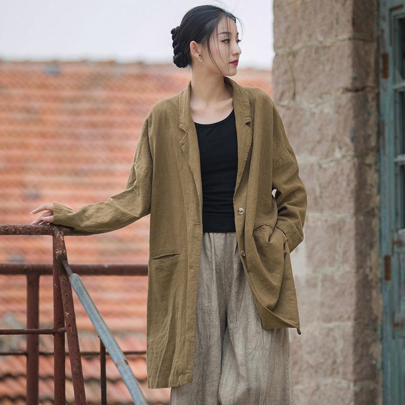 Johnature Women Vintage Ramie Cotton Tailored Coat Solid Color Long Sleeve Pockets Clothes Autumn Loose Coats