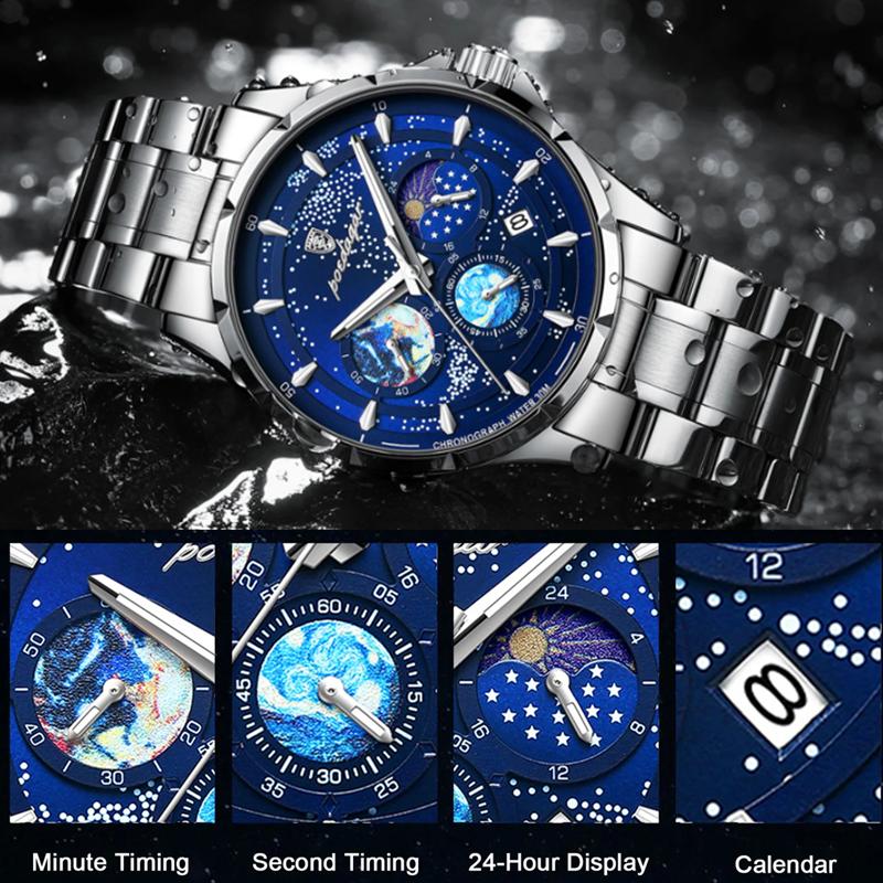 POEDAGAR Брендовые модные кварцевые часы Starry Sky Chronograph с ремешком из нержавеющей стали и кожи, водонепроницаемые, с подсветкой, мужские часы