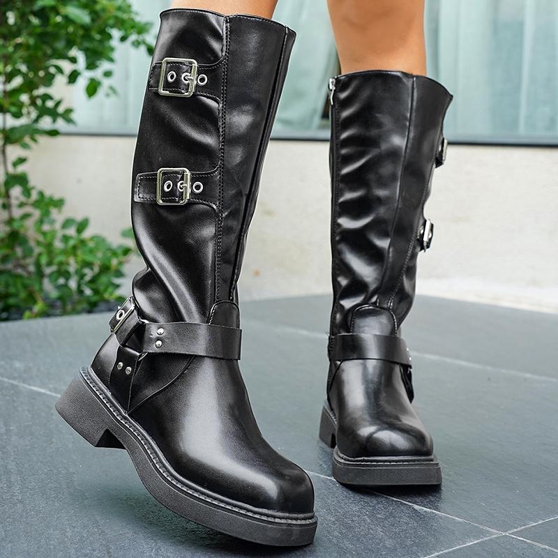Fashion Women's Adjustable Buckle Riding Boots with Side Zipper Fashion Black PU Leather Knee High Boots Women Autumn Winter Long Botas