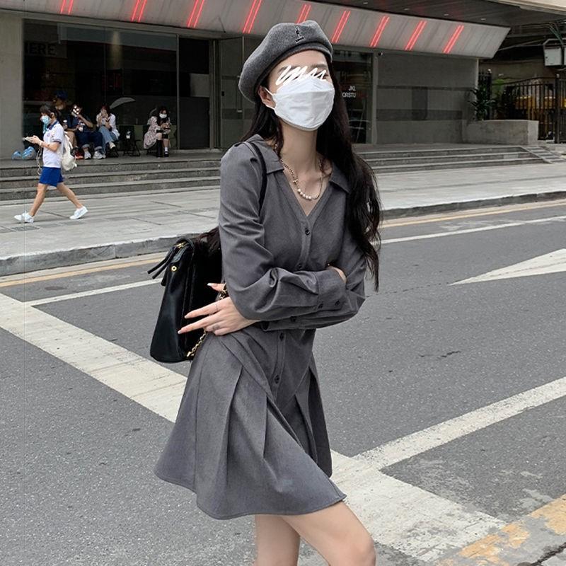 Платье-рубашка с v-образным вырезом, женское весеннее тонкое милое платье-пиджак с воротником, повседневное модное элегантное серое сексуальное платье