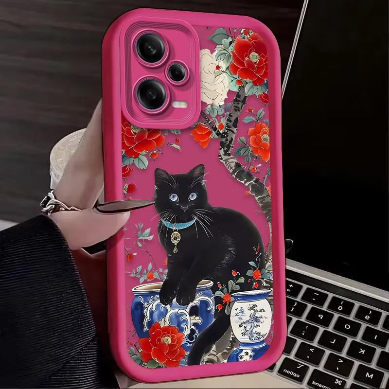 Черный кот Цветок Художественный Чехол для Телефона Для Redmi Note 13 12 Pro Plus 5G 13 12 Pro 4G 5G 11 10 Pro 12S 5G 11S 10S Redmi 13C 12 5G