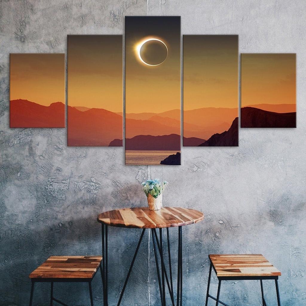 Total Solar Eclipse Canyon Lake Mountain Islands 5 Piece Five Panel Canvas Print Modern Wall Art Poster Home Decor Gift For Him For Her