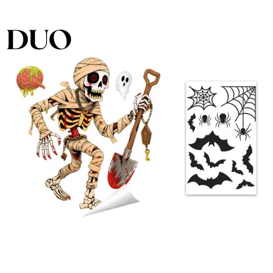 Waterproof Holiday Window Film Halloween Clings, Pumpkins Skeletons Ghosts And Bats Print Decorative Indoor Outdoor Glass Ornaments