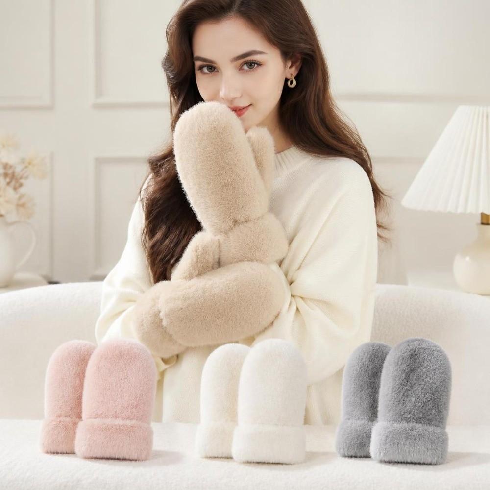 1pair Windproof Plush Gloves Thickened Winter Mittens Simple Full-Finger Gloves Women