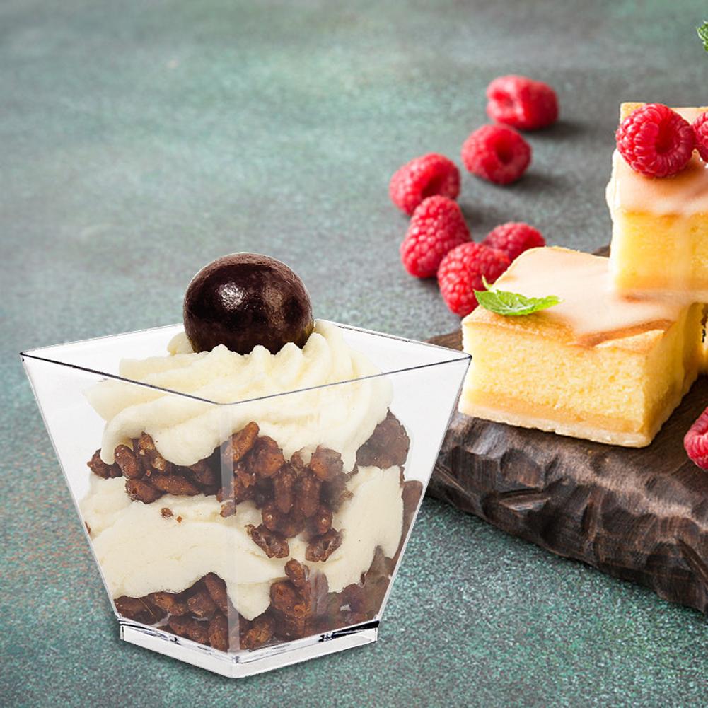 50pcs Plastic Dessert Cup Kitchen Decor Square Mini Dessert Cups with Spoon Set Disposable Supplies for Tasting Pudding Yogurt