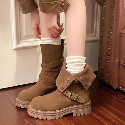 Модные ботильоны на платформе с металлическими пряжками и шипами, женские осенние новинки, с круглым носком, верх из искусственной кожи, нескользящая блочная подошва, короткие ботильоны