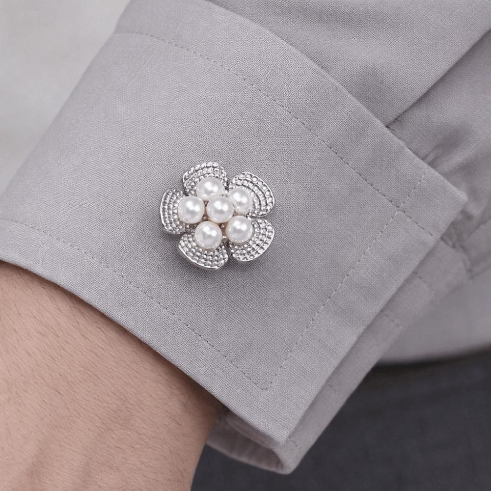 2PCS Fashion Vintage Pearl Flower Button Exquisite No-drill Decorative Button Detachable Clip Flower Cufflinks Formal Wear