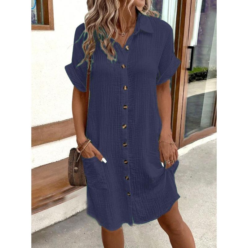 Fashion Short Sleeve Women Summer Shirt Dress New Elegant Lapel Loose Plus Size Simple Button Casual Party Dresses Single Breasted Women's Clothing