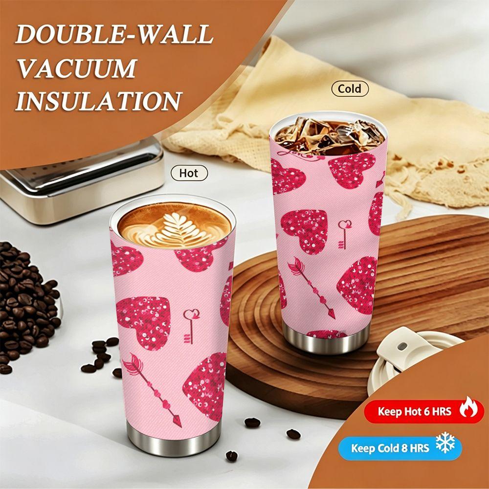 Cute Pink Hearts Glitter Pattern Insulated Coffee Tumbler Stainless Steel Vacuum Travel Mug Leakproof Thermal Cup for Valentine Gift Office