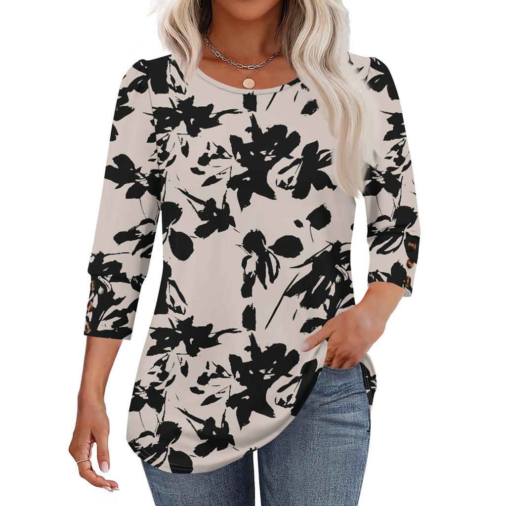 Женская мода Повседневная Винтажная Футболка Топ с круглым вырезом и рукавом в семь сложений с цветочным принтом