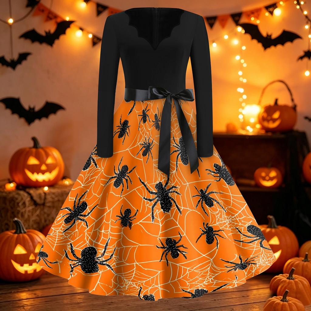 Women's Casual Halloween Print V Neck Vintage Style Dress Long Sleeve Fit and Flare Midi Dress with Waist Tie Belt