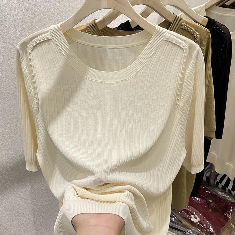 Круглая горловина белая футболка с короткими рукавами модный тонкий топ с бисером для ногтей свободный однотонный вязаный свитер для женщин