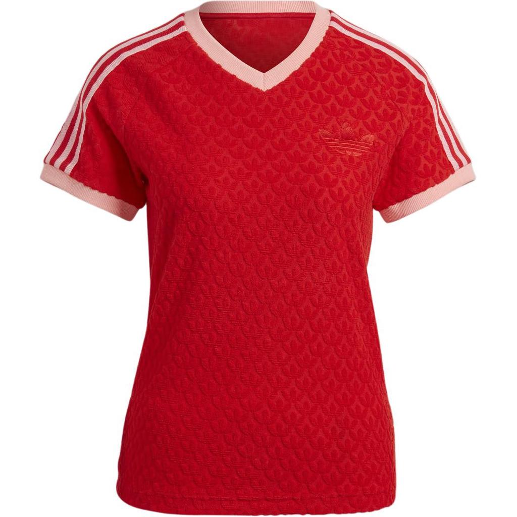Adidas Originals Clover Logo Print V-Neck Pullover Short Sleeve T-Shirt Women Tops Red IB2057