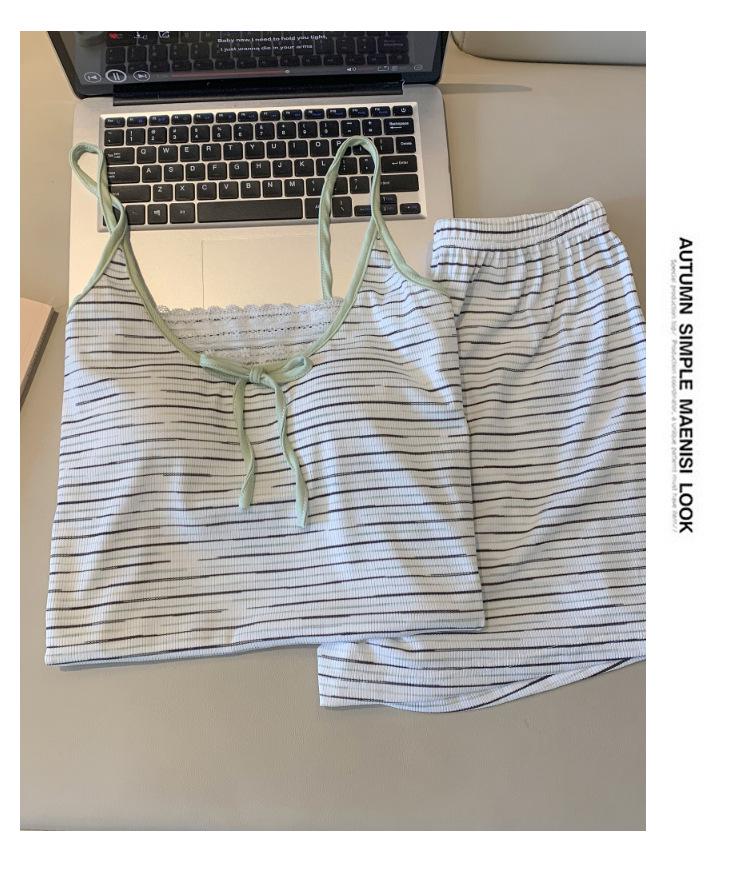 2026 Summer Green Striped Camisole Pajama Set with Butterfly Knot for Women Homewear