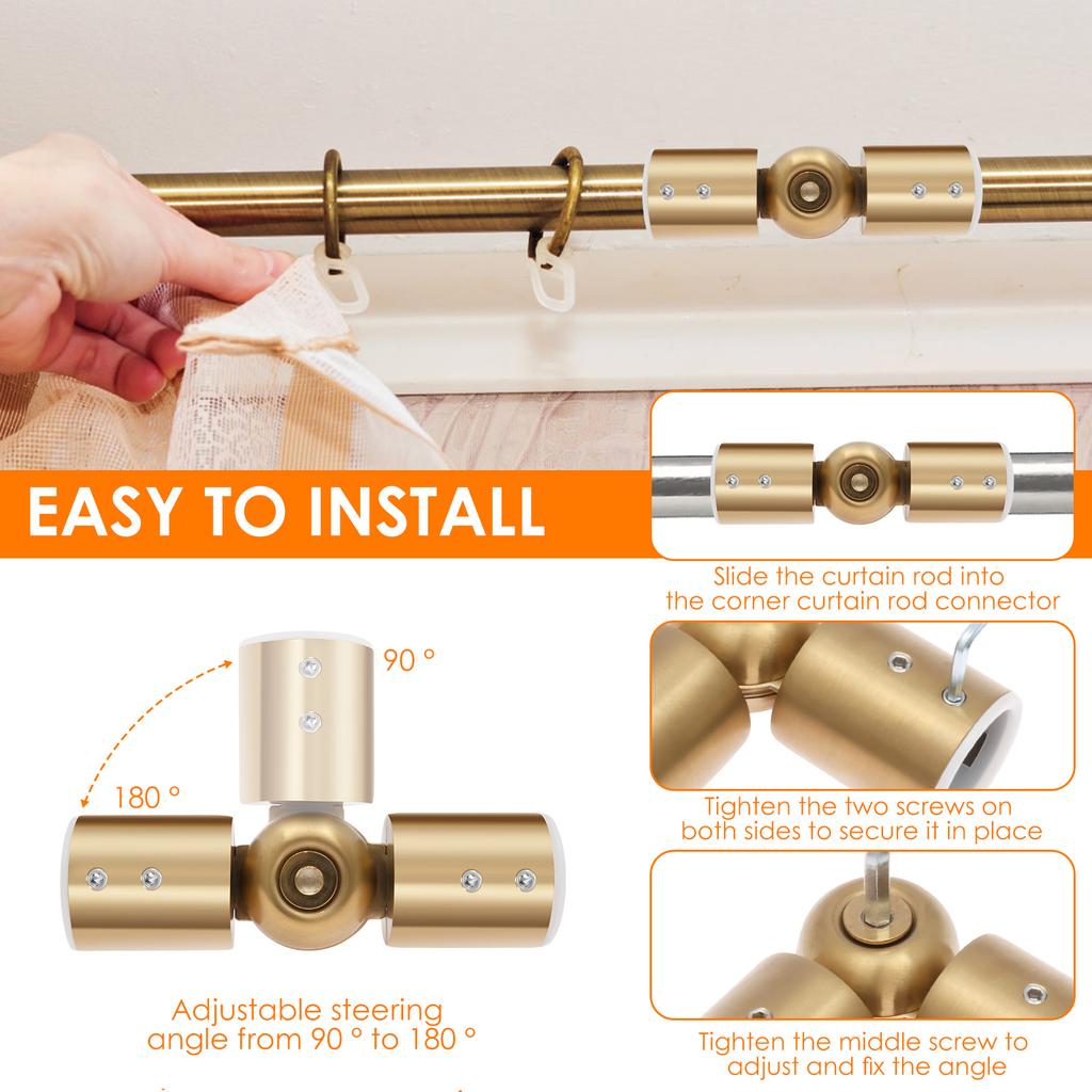 2Pcs Curtain Rod Corner Connector 90°to180° Adjustable Angle Hinged Elbow Curtain Rod Connector for 1inch Bay Window Curtain Rod