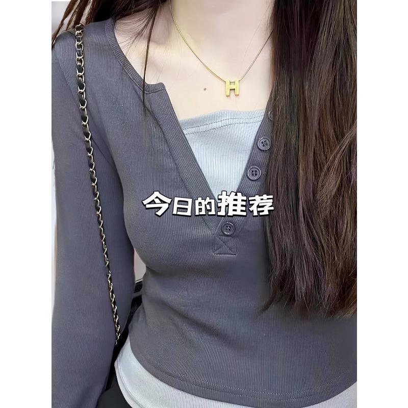 Skinny Collar Fake Two Long-sleeved T-shirt Women's Autumn Sweet and Spicy Bm Style Inner Top