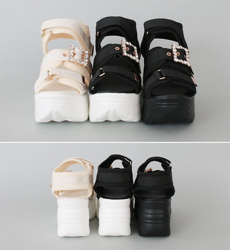 Туфли с пряжкой-драгоценностью, на липучке, с толстой подошвой 9 см, подошва кроссовок, спортивные сандалии, задний ремешок, удобные для ходьбы, высокотехнологичные, папины, аккуратные, простые, корейские, черно-белые, M [Room Nine]