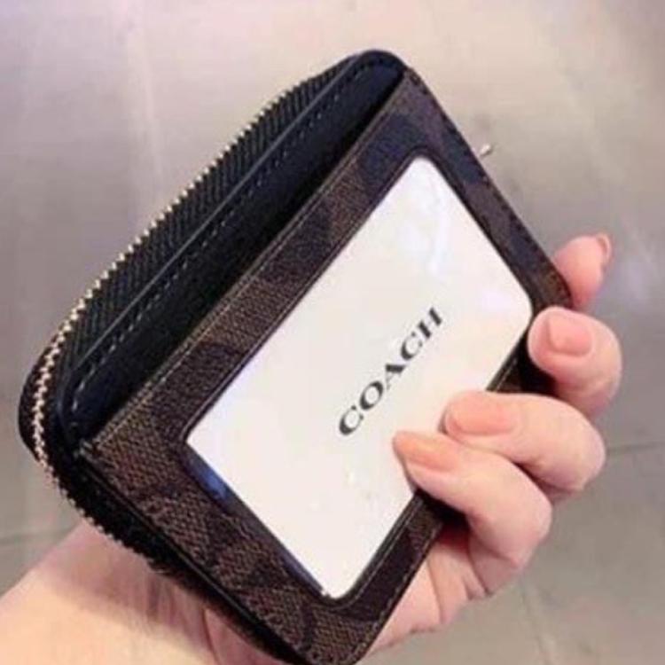 Coach Кошелек-кардхолдер Color Block на молнии с металлическим логотипом, холст и кожа, женский, черный/коричневый C0058-IMAA8