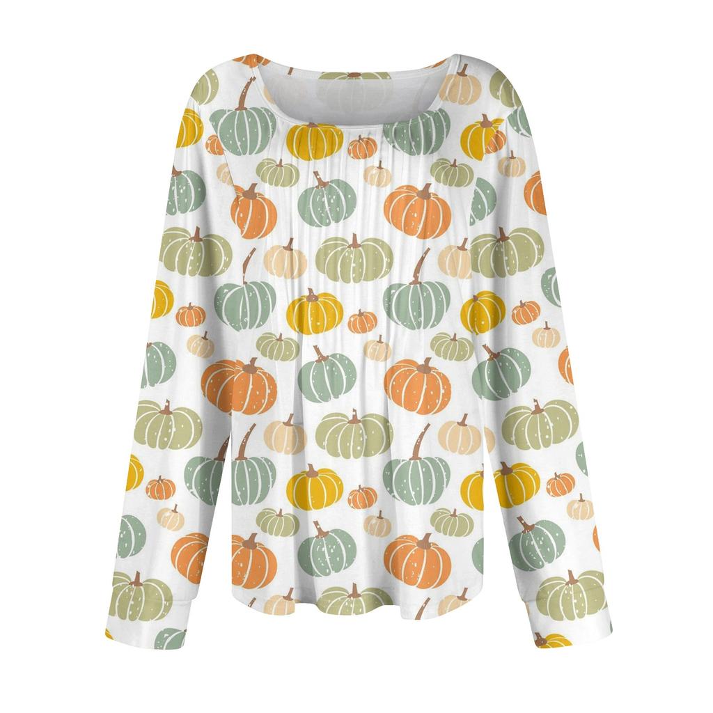 Long Sleeve Shirts For Women Cute Print Graphic Tees Blouses Dressy Casual Blouses Pleated Scooped Neck Tunic Tops Halloween