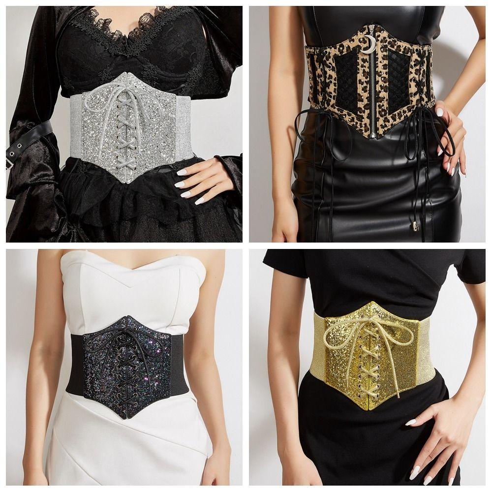 Elastic Gold Cummerbunds Shinny Blingbling Corset Belt Luxury Leopard Print Waistband  Dress
