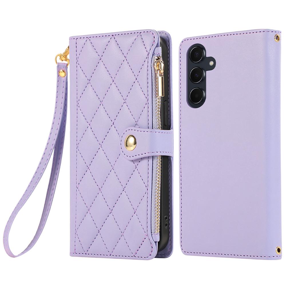 For Samsung Galaxy A56 5G Case Multi Card Slots Zipper Rhombus Leather Phone Cover with Wrist Strap