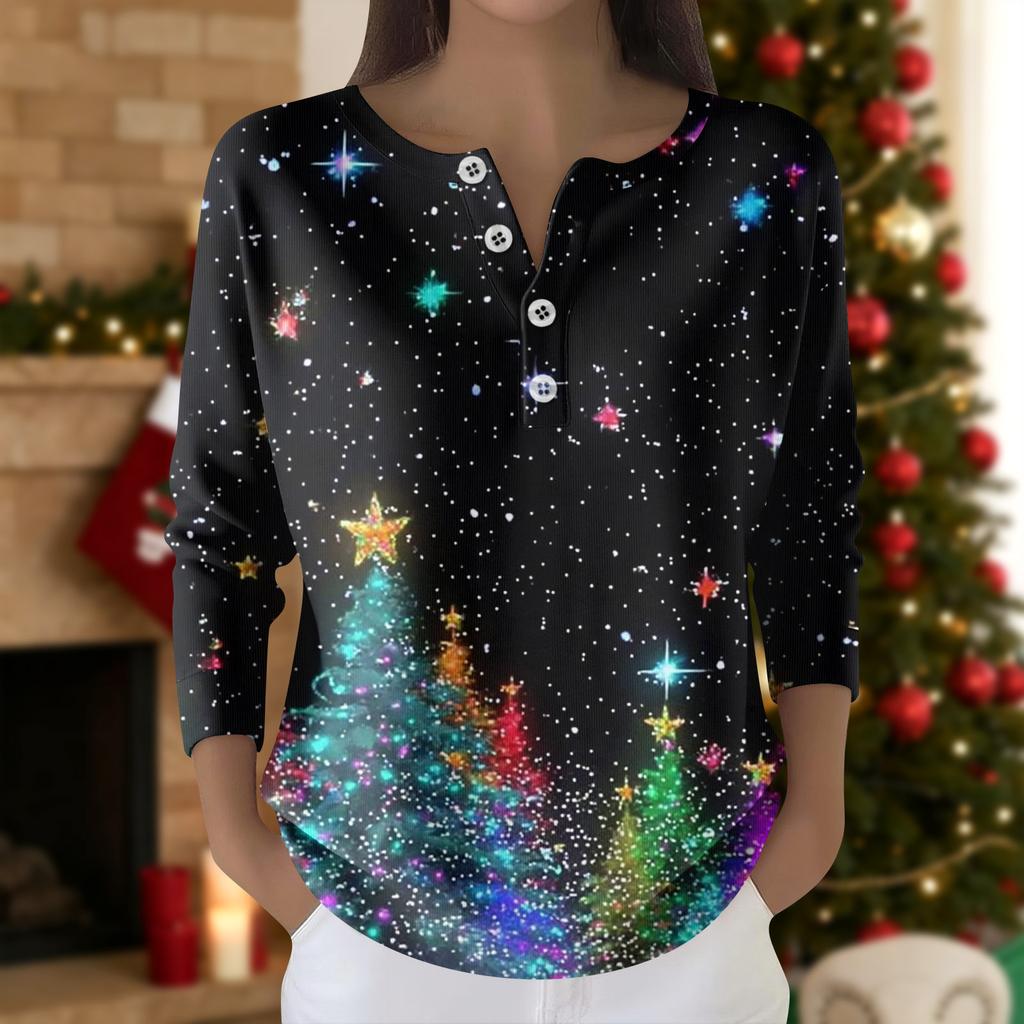 Women's Fashion Long Sleeve Christmas Snowflake Print Top Elegant Casual Top