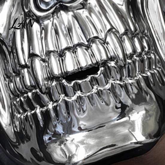 Halloween Skull Mask Mask, Silver Demon Ram Horn Face Realistic Horned for Party, Scary Headgear, Glossy Metallic Cosplay Prop Reflective