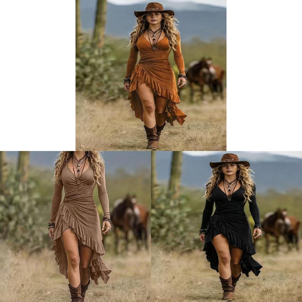 Bohemian Long Skirt With Ruffles And V Neck For Travel And Casual Wear