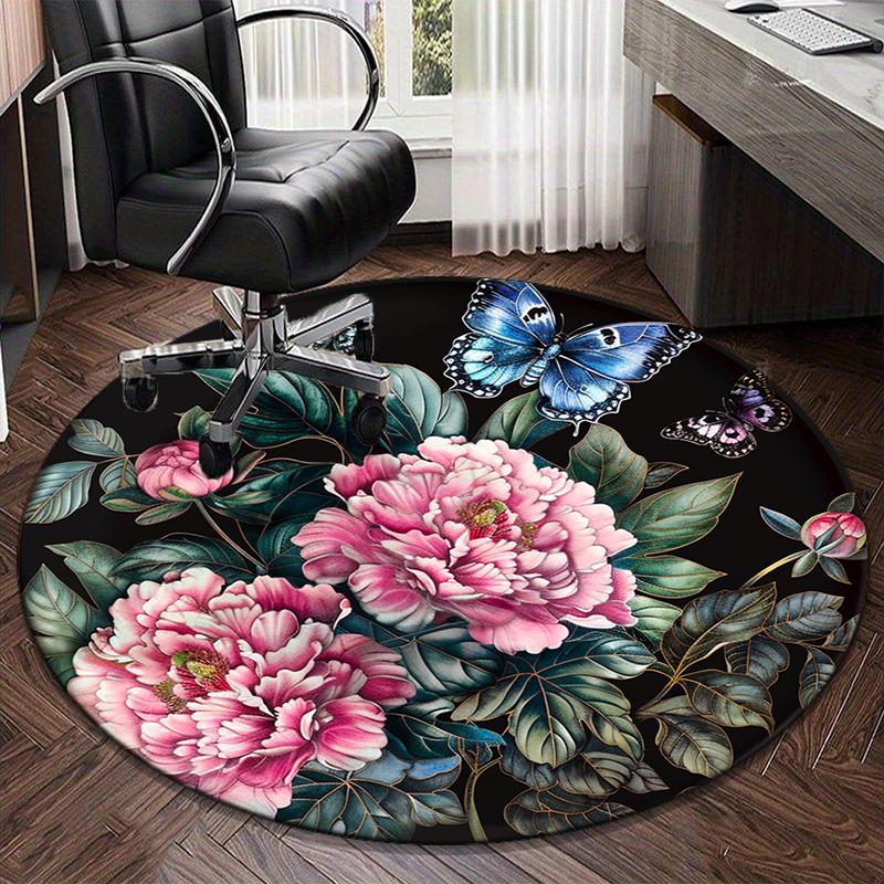 Pink Roses And Butterflies round carpet Chair cushion Round Entryway Rug, Soft Round Rugs for Living Room, Bedroom, Circle Carpet decor gifts
