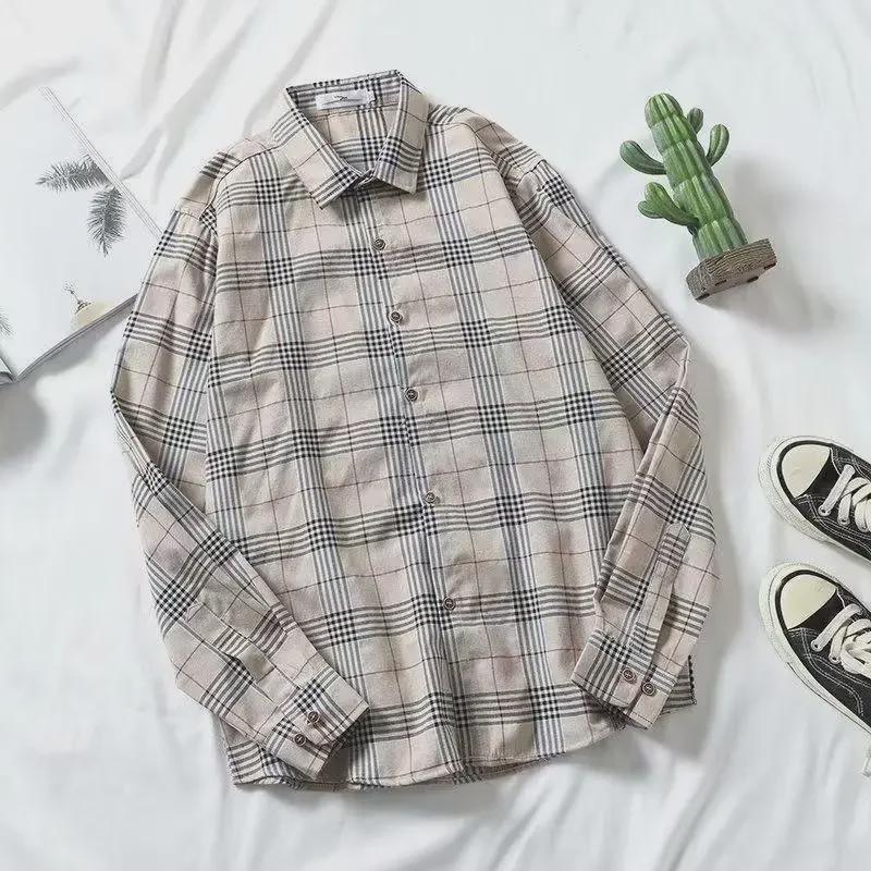 Рубашка унисекс с длинным рукавом в гонконгскую клетку: Модный, свободный крой, ретро-корейский стиль на все времена года