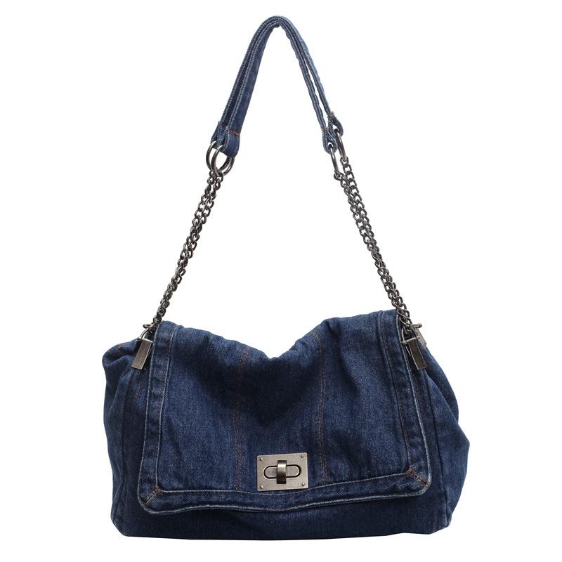 Retro Casual Denim Bag Women's 2024 New High-end Chain Shoulder Bag Large-capacity Commuter Tote Bag