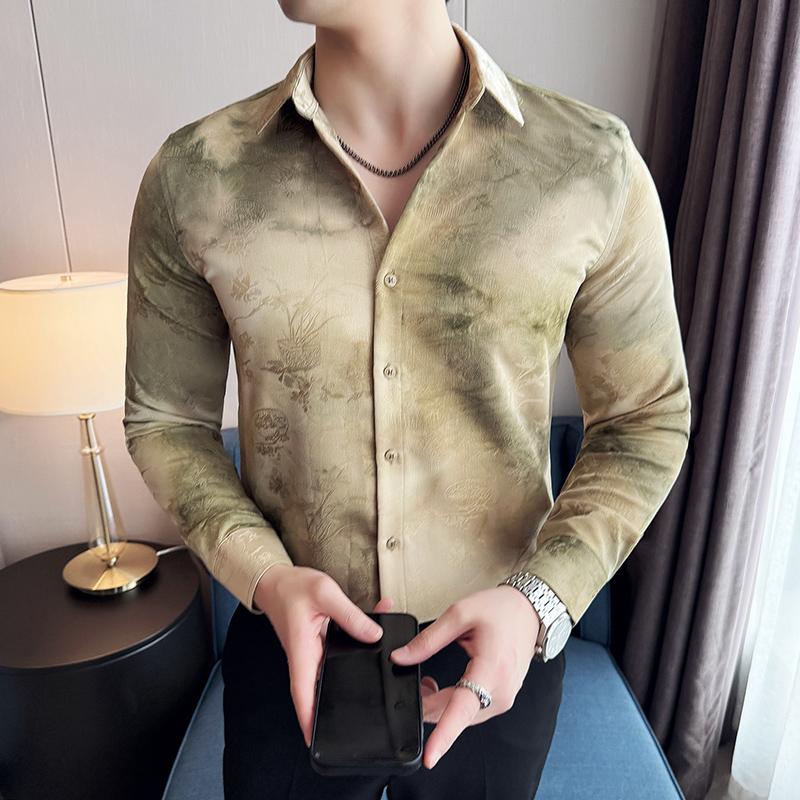 Мужские рубашки в корейском стиле, повседневные рубашки, модные рубашки с длинным рукавом в стиле тай-дай, мужская одежда, приталенная блузка с принтом