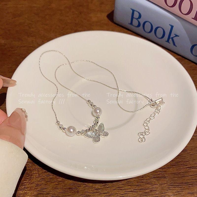 ins wind butterfly pearl necklace femininity niche design sense silver collarbone chain autumn new super fairy accessories