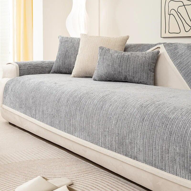 Simplicity Striped Chenille Anti-scratch Couch Cover Solid Color Four Seasons Universal Sofa Cover Living Room Non-slip Sofa Mat