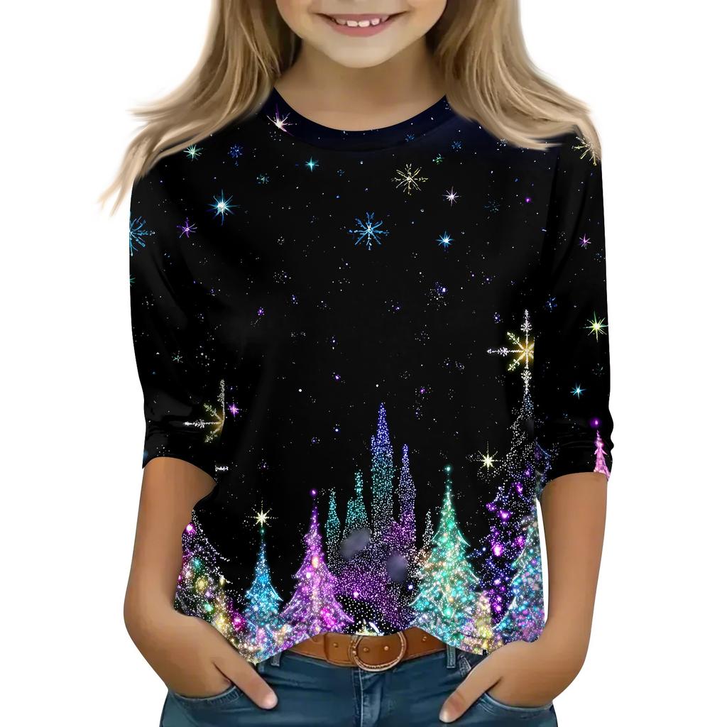 Children's 3/4 Sleeve Tops Casual Christmas Print T Shirt Round Neck Pullover Blouse