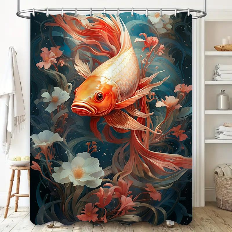 Modern 3D Printed Fish Shower Curtain Fabric Waterproof Home Decor Bathroom Accessories Red White Flower Design for Bathtub Curt