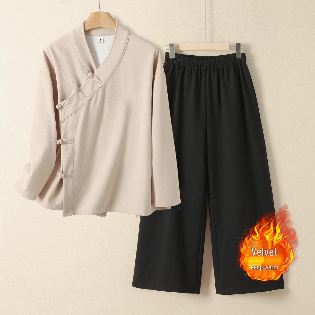 Women's Autumn/Winter Cotton Linen Hanfu: Velvet-Lined Chinese Style Long Sleeve Cardigan Monk Robe for Tea Ceremony