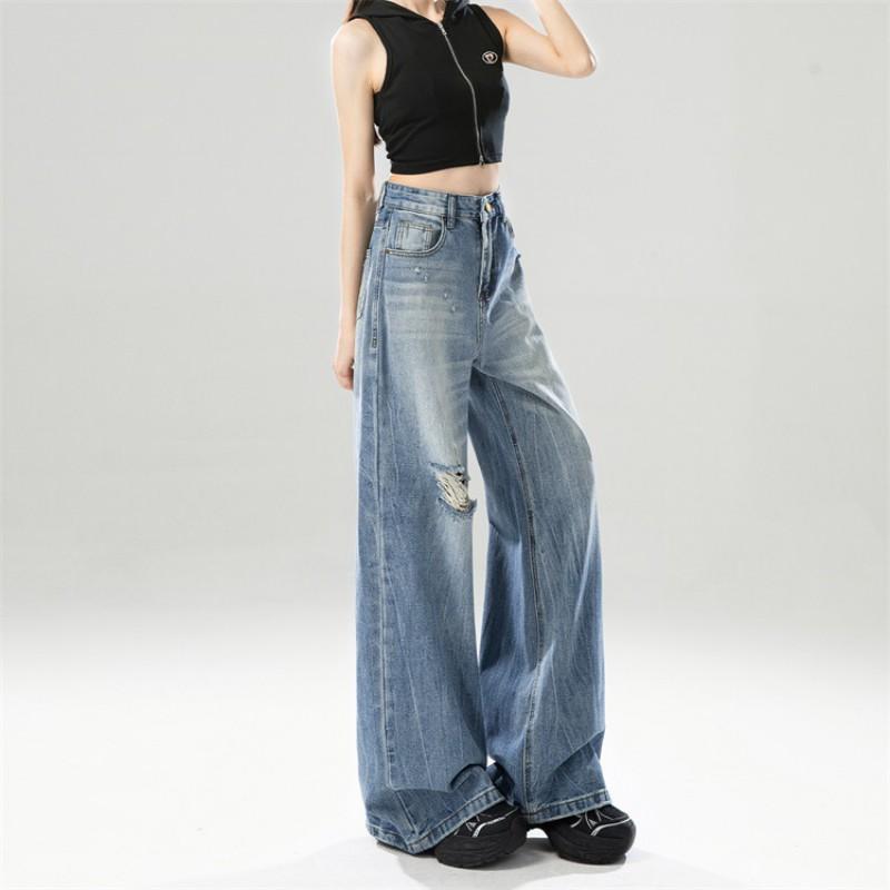 Womens High-Waisted Wide Leg Denim Pants Loose Fit Straight Cut Style Ripped Detail Cotton Blend