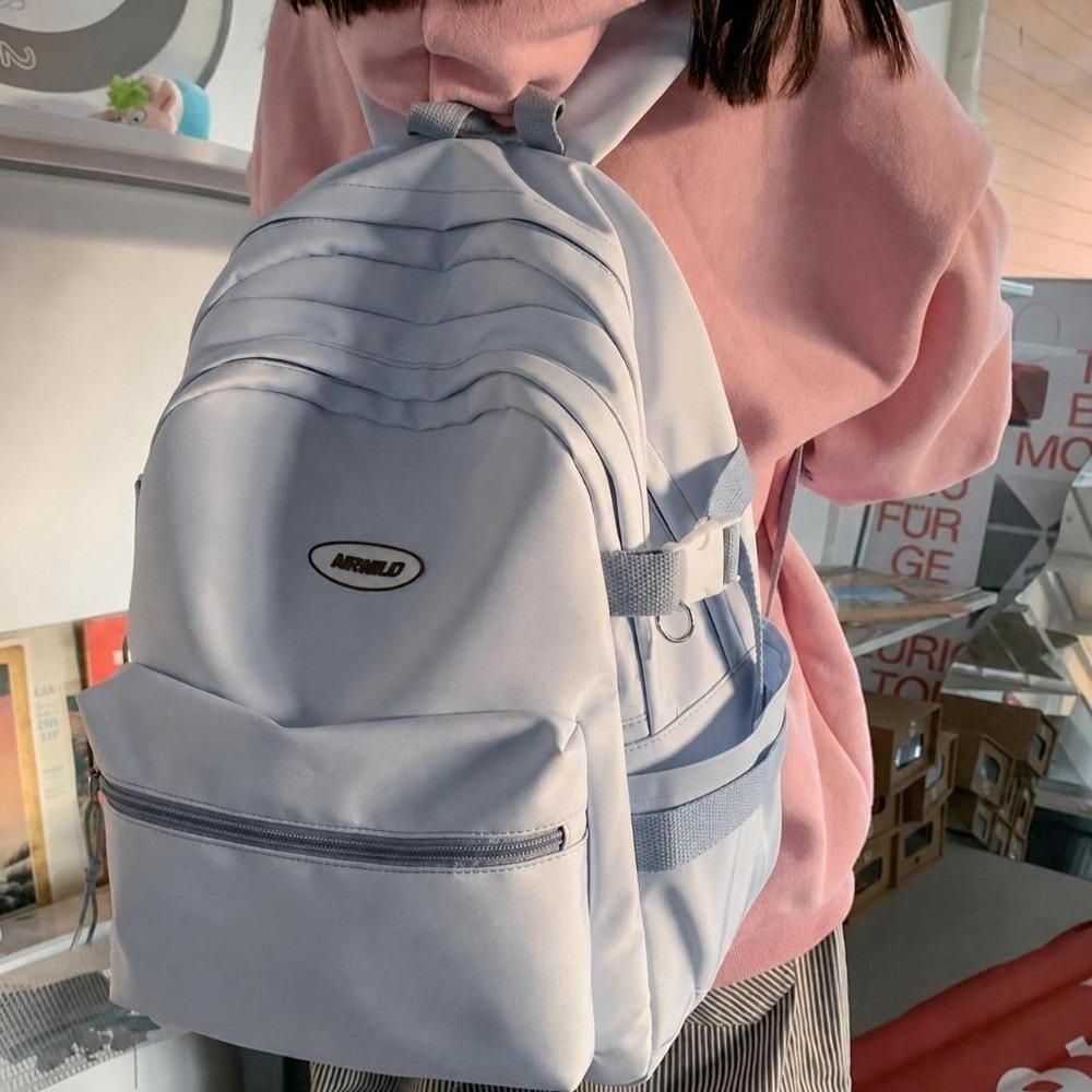 Trendy Solid Color Backpack Nylon Large Capacity Casual Daypack Multi-pocket Travel Rucksack
