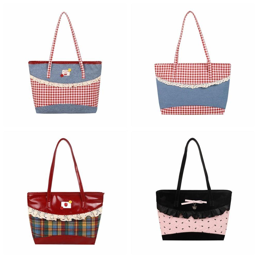 Rural Style Lace Bow Shoulder Bag Lattice Commuting Tote Bag Portable Denim Plaid Handbag  Women