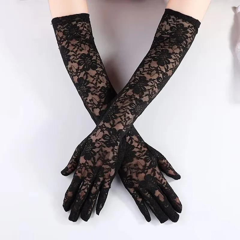 Summer Elegant Women Long Driving Gloves White Black Sunscreen Gloves Sexy Anti-UV Elasticity Lace Mesh Gloves Arm Warmer