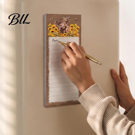 Horizontal Layout Writing Pad Magnetic Refrigerator Notepad, Highland Cow/Bow/Leopard Print, Shopping Sunflower Kitchen Memo List for Fridge And Metal