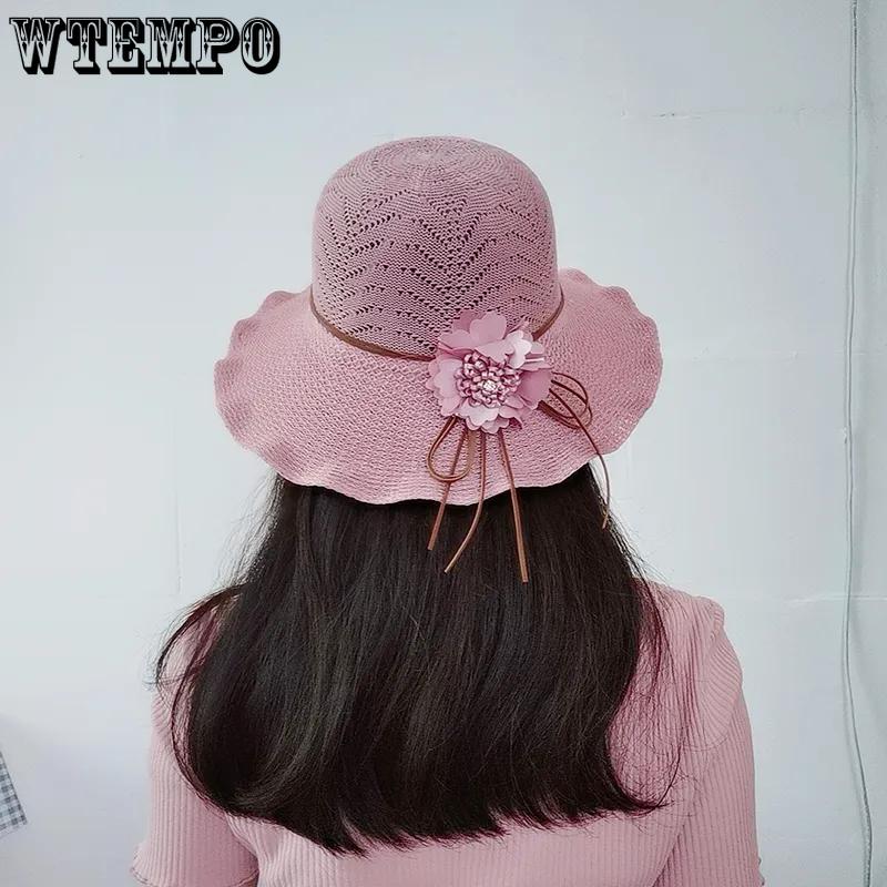 WTEMPO Solid Color Wide Brim Travel Beach Breathable Sun Hats Women's Spring Summer Foldable Sunscreen Hats with Flower