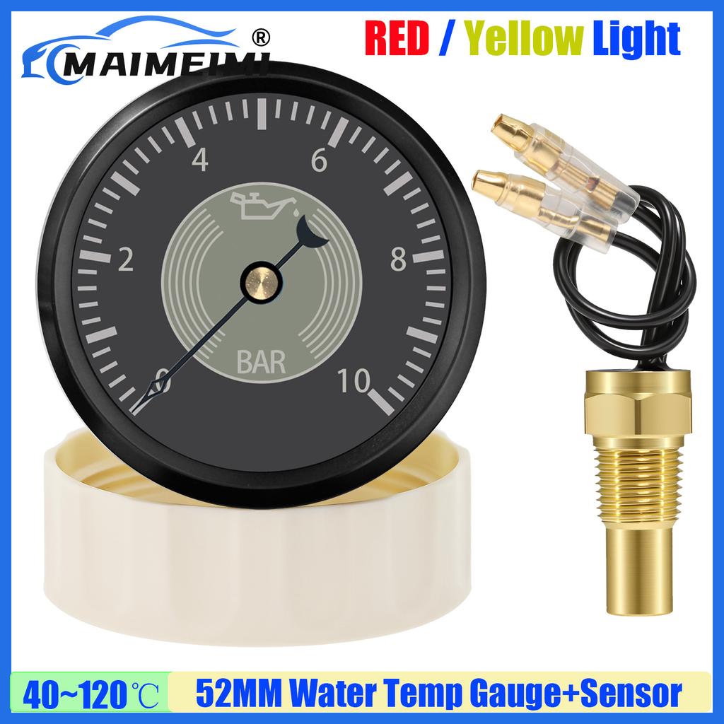 MAIMEIMI Retro 40~120℃ 52MM Water Temperature Gauge with Sensor 10mm RED Yellow Light Temp Meter Indicator for Marine Boat Car