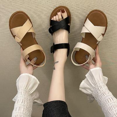 Летние женские сандалии на плоской подошве, элегантные женские туфли из искусственной кожи с перекрестными шнурками, повседневные сандалии в римском стиле с открытым носком