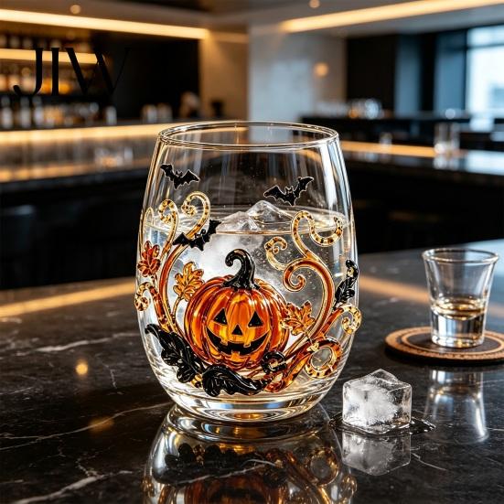 Ghost Whiskey Glass Halloween Glass, Black Cat Spider Net Skull Tumbler for Durable Coffee Mug Cocktail, 350ml Spooky Drinkware Home Bar, Festive