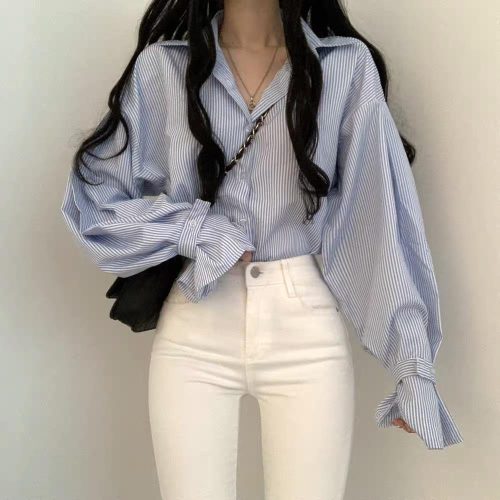Korean Chic Blouses French Niche Autumn Outfit Thin Striped Loose Shirt for Women Simple Interio Long Sleeved Top Trendy
