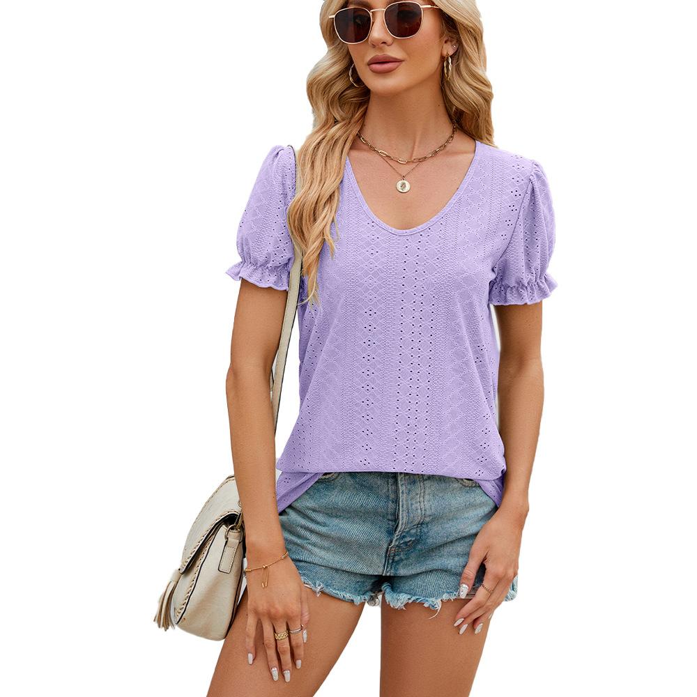 GMXIA Women's Fashion Casual Summer Spring Solid Color Print Short Sleeve U-Neck Loose Fold Blouses & Shirts